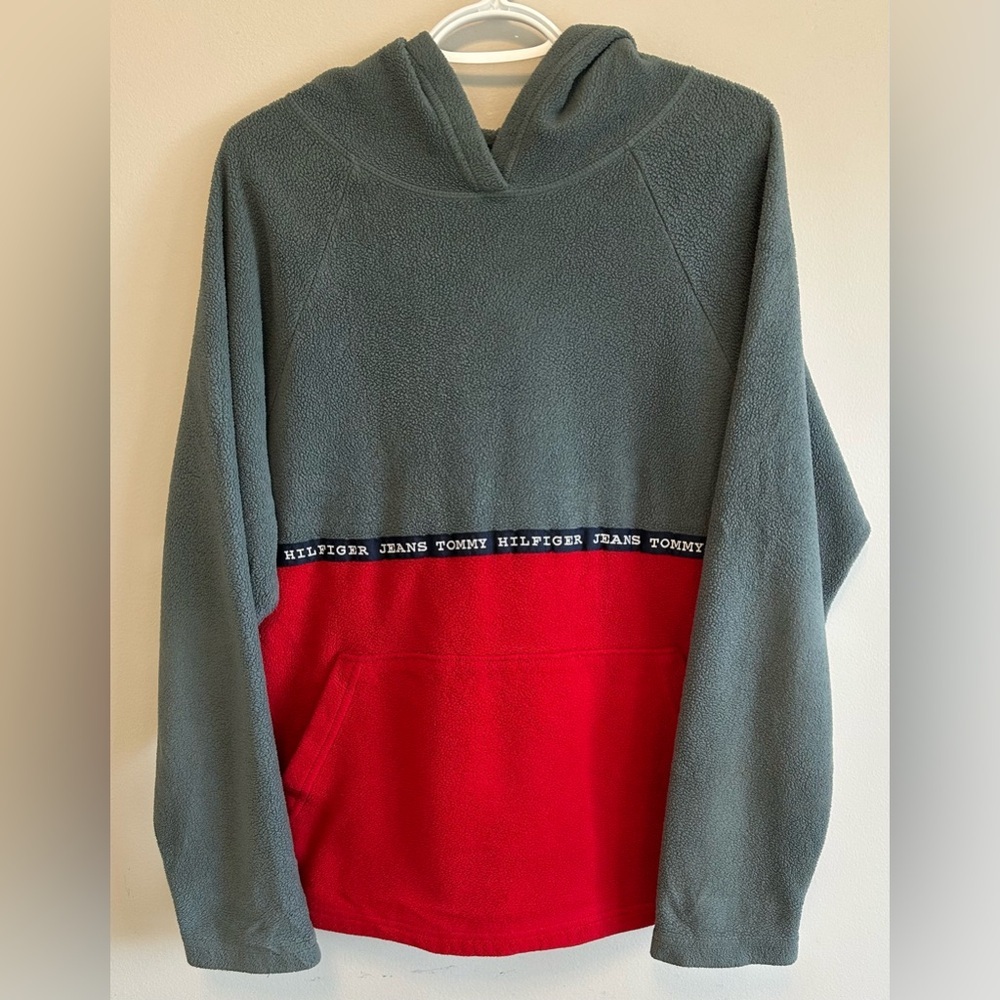 Vintage 90s Tommy Hilfiger Jeans Fleece Sweater Hoodie Sz S Green & Red Canada!